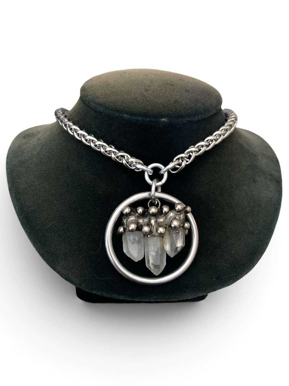 Genuine raw crystal quartz Circle design stainless steel boho goth necklace